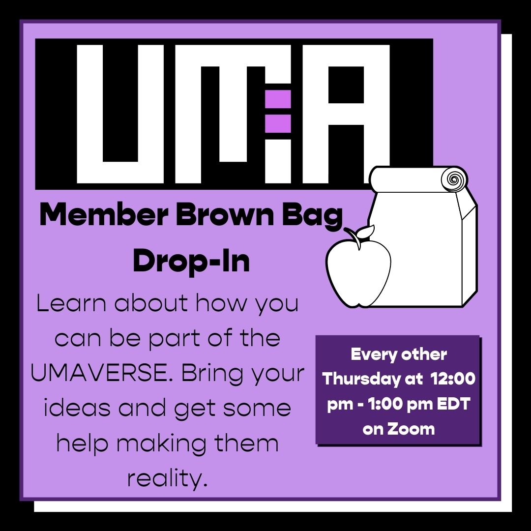 Image with brown bag and apple. Graphic for member dropin