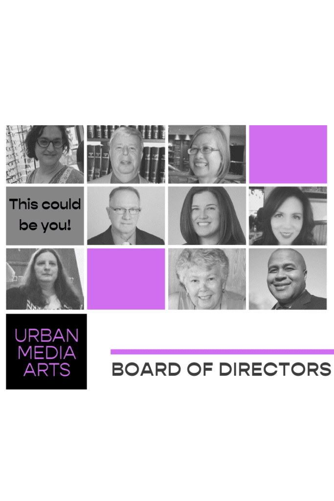 Grid images of UMA board members, with a grey filter. Several light purple boxes surround the pictures. One grey box with text that says "This could be you!" At the bottom, there is UMA's logo and the words Board of Directors.