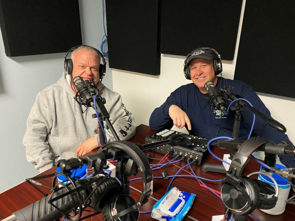 Member Spotlight feature: John Surabian (left) and Mark Lawhorne sitting in the UMA Podcast Studio to record an episode for their Musicians and Beyond podcast.