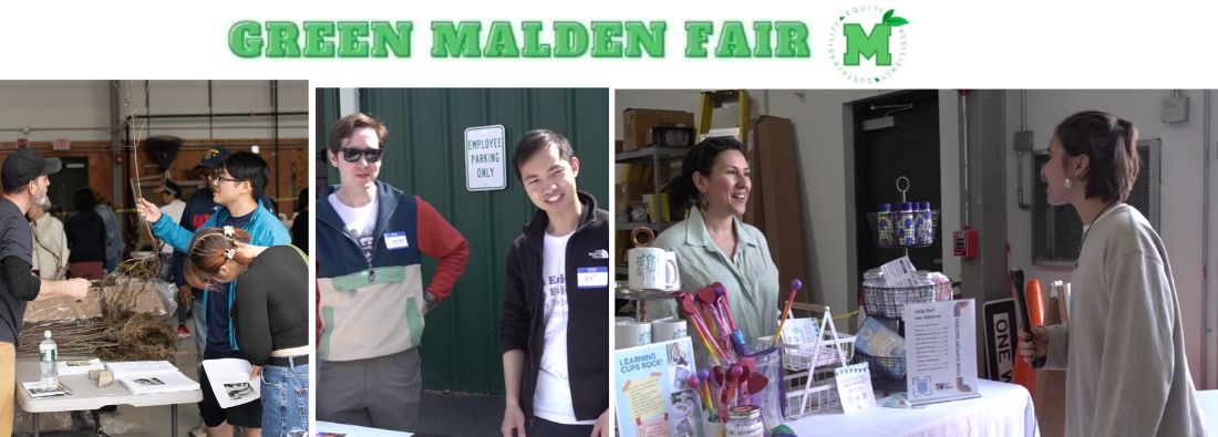 Pictures of people at tables at the Green Malden Fair