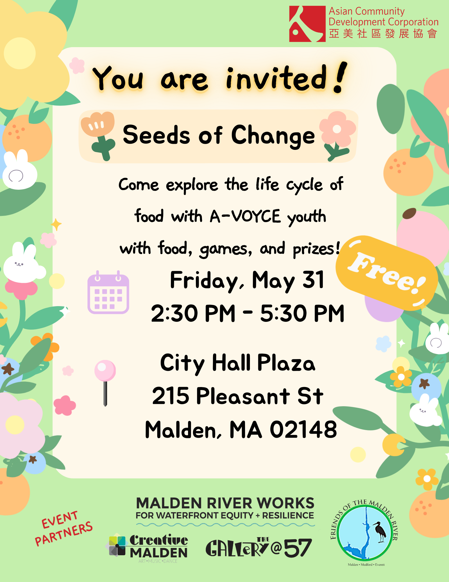 Poster describing the event details with graphics of garden in pale green.