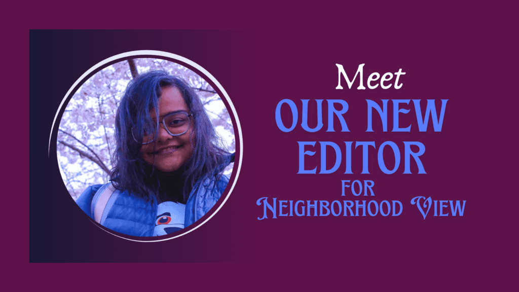 image of new editor for neighborhood view. Brown hair. glasses. purple background